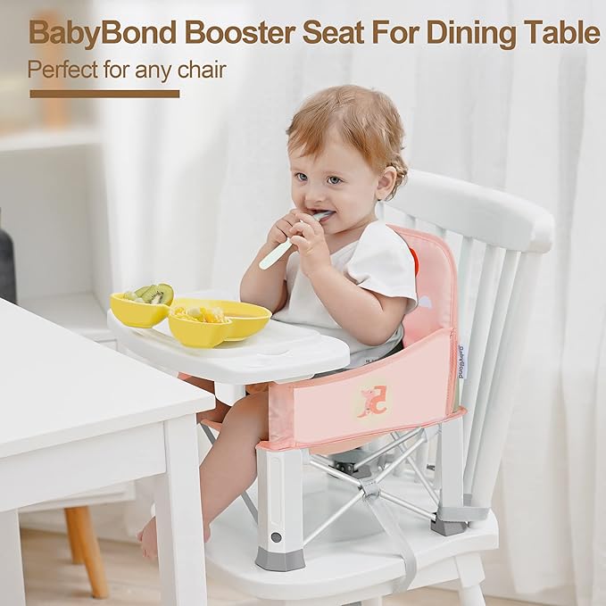 Baby Travel Booster Seat with Double Tray, BabyBond Upgraded Toddler Portable Baby Chair, Booster Seat for Dining Table, Stable and Foldable Booster Baby Chair for Indoor/Outdoor (Pink Dinosaur)