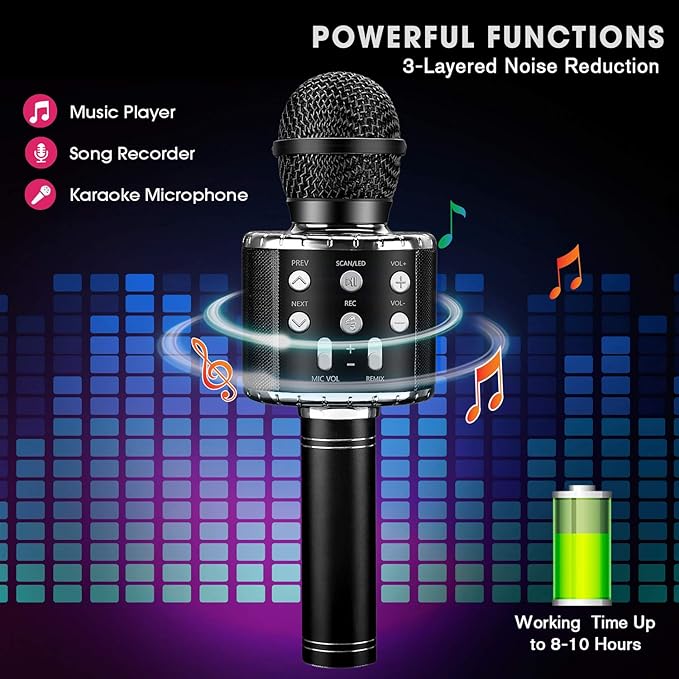 BlueFire 4 in 1 Karaoke Wireless Microphone with LED Lights, Portable Microphone for Kids, Great Gifts Toys for Kids, Girls, Boys and Adults (Black)