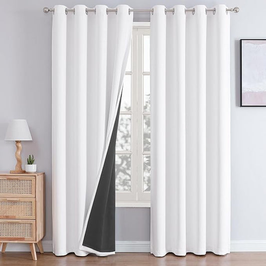 ChrisDowa White 100% Blackout Curtains 108 inch Long for Bedroom with Black Liner, 2 Thick Layers Total Blackout Thermal Insulated Grommet Window Curtains 2 Panels Set (Pure White, 52 x 108 Inch)