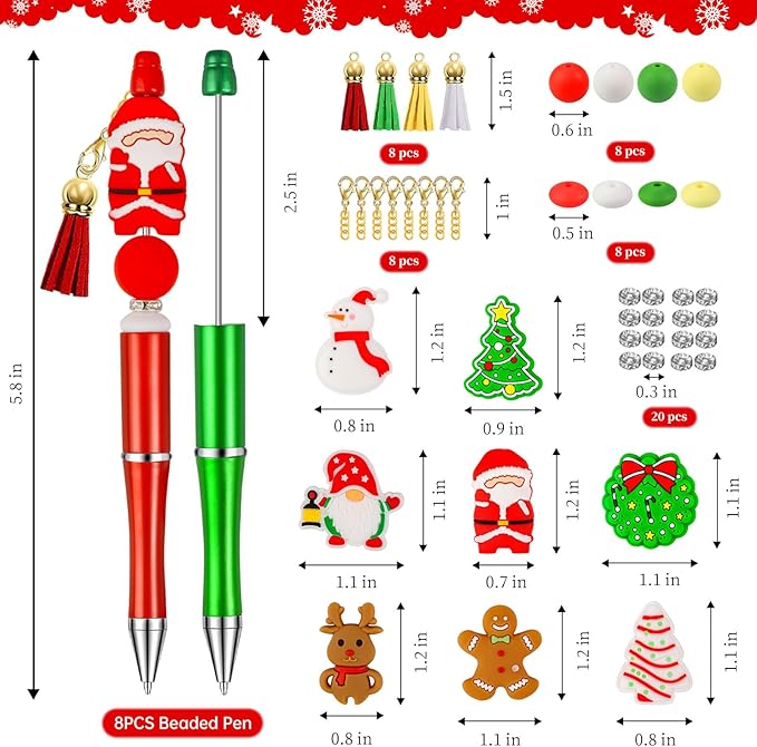 CZWZ 8 Pcs Christmas Beadable Pens, Plastic Beadable Pens with Multicolor Silicone Beads, Christmas Snowman Pine Tree Floral Hoop Deer Pens for Christmas Gifts Office School Supplies