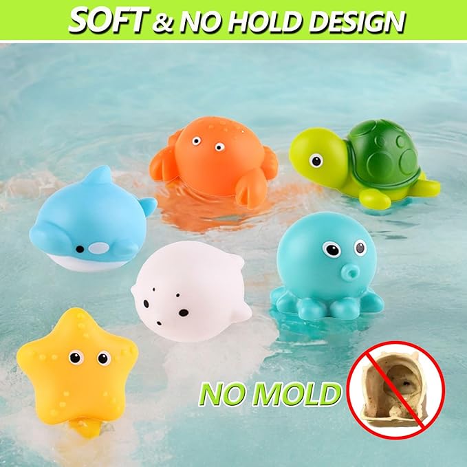 Bath Toys for Babies 6-12 Months+, Wind-up Ducks Bath Toys for Kids Ages 1-3, No Hole Ocean Animal Floating Pool Toys, Watering Can Fishing Net Water Toys for Toddlers
