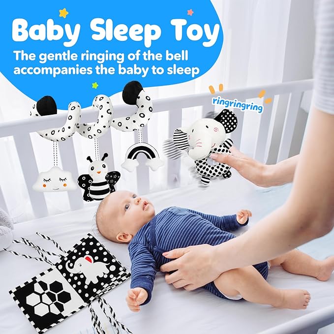 Car Seat Toys for Babies 0-6 Months,Hanging Rattle Toys for Crib Mobile, Baby Spiral Hanging Stroller Black and White High Contrast Toys for Newborn 0 3 6 9 12 Months Baby Boys Girls (Set-1)