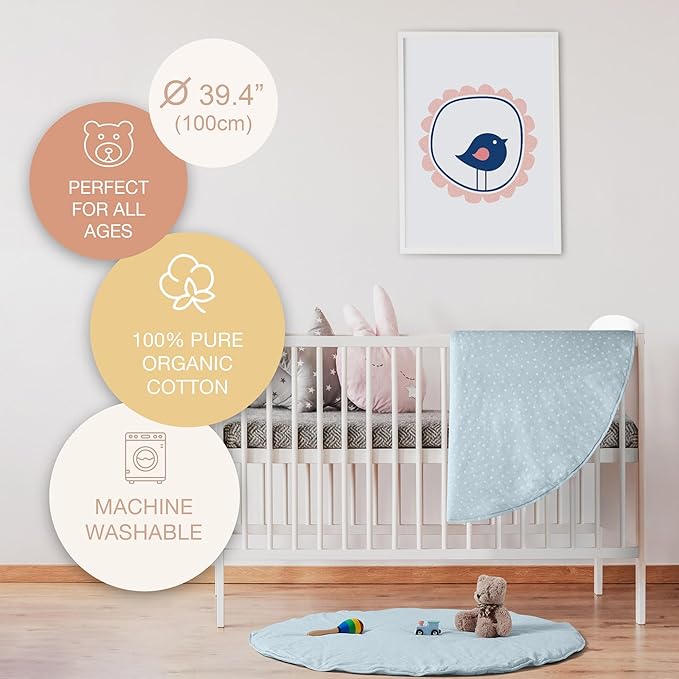 Byrd & Blume Round Baby Play Mat, Organic Cotton Soft Padded Nursery Floor Mat, Safe Hypoallergenic Baby Mat, Reversible, Foldable, Portable Infant Tummy Time Mat Fits Tents & Playpens (40"x40") Blue