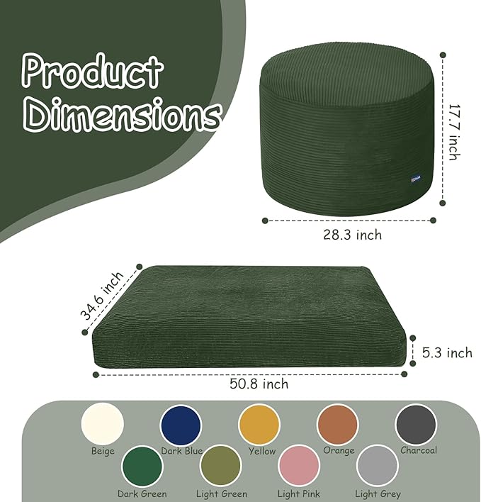 COMAX Kids Bean Bag Chair Turn into Beanbag Bed, Toddler Bean Chair Corduroy for Girl Boy Sleeping, Lazy Children Bean Bags with Filler, Convertible Child Floor Mattress, Dark Green