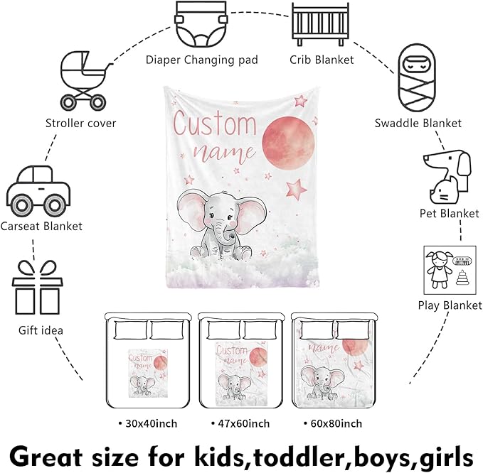 Custom Nursery Crib Bedding Set: Personalized Name 4 Piece Starry Sky Elephant Design Baby Crib Sets for Girls - Toddler Double Layer Blanket Set, Comfortable Crib Bed Sheets for Baby Toddlers