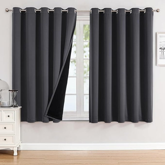 ChrisDowa 100% Blackout Curtains 63 inch Long for Bedroom with Black Liner, Extra Wide 2 Thick Layers Total Blackout Thermal Insulated Grommet Window Curtains 2 Panels Set (Dark Grey, 60 x 63 Inch)