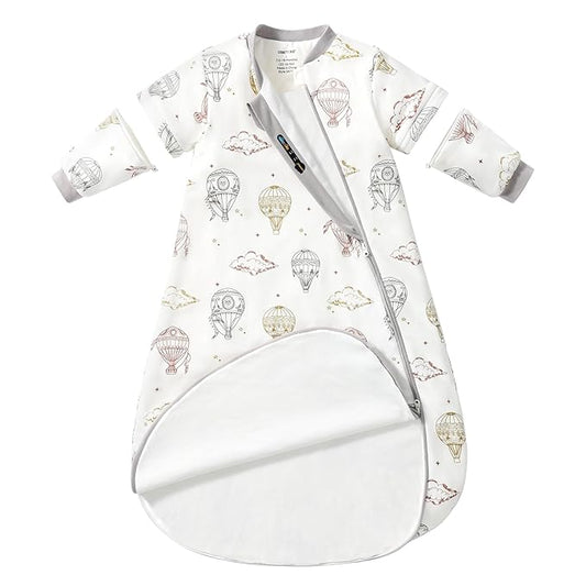 Baby Sleep Sack 6-12 Months, Cotton Detachable Long Sleeve Sleep Sack, 1.0 Tog Toddler Sleeping Sack with Temperature Strips, 2-Way Zipper Wearable Blankets for Newborns, Hot Air Balloon