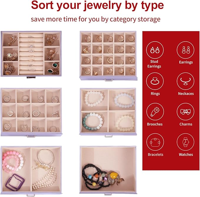 BOOVO Jewelry Box For women, 6 Layer Large Jewelry Organizer With Mirror, Multi-Function Storage Box With Lock, Accessory Holder With 5 Drawers, For Earrings Necklace Ring Bracelet (Purple)