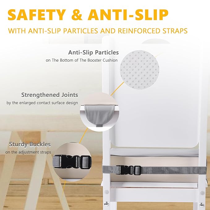 Booster Seat for Kitchen Chair with Adjustable Straps, Toddler Booster Seats for Dining Table Portable for Travel Camping Eating, Booster Cushion for Table for Baby Child Infant Kid Boy Girl