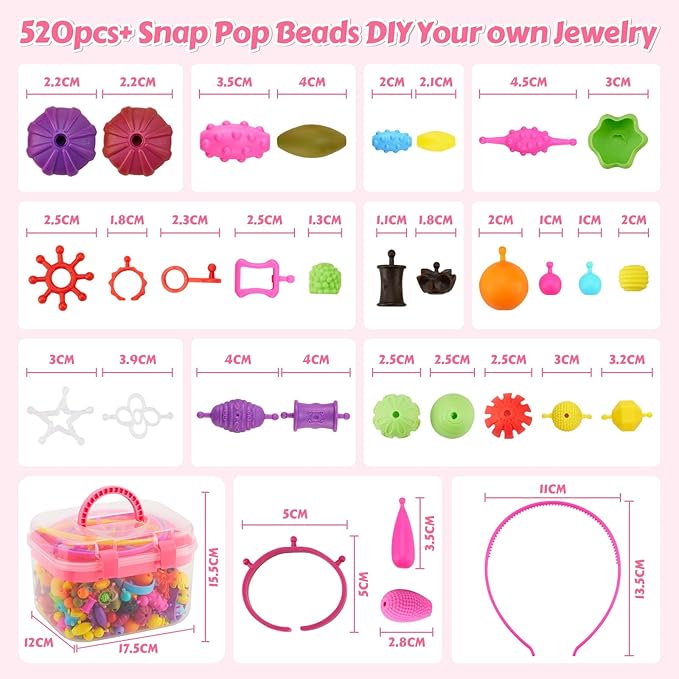 Arthopt Pop Beads, Jewelry Making Kit for 3 4 5 6 7 8 Years Old Girls, Arts and Crafts for Kids,Large Snap Beads DIY Necklace Bracelets Ring Set, Birthday Party Holiday Gift