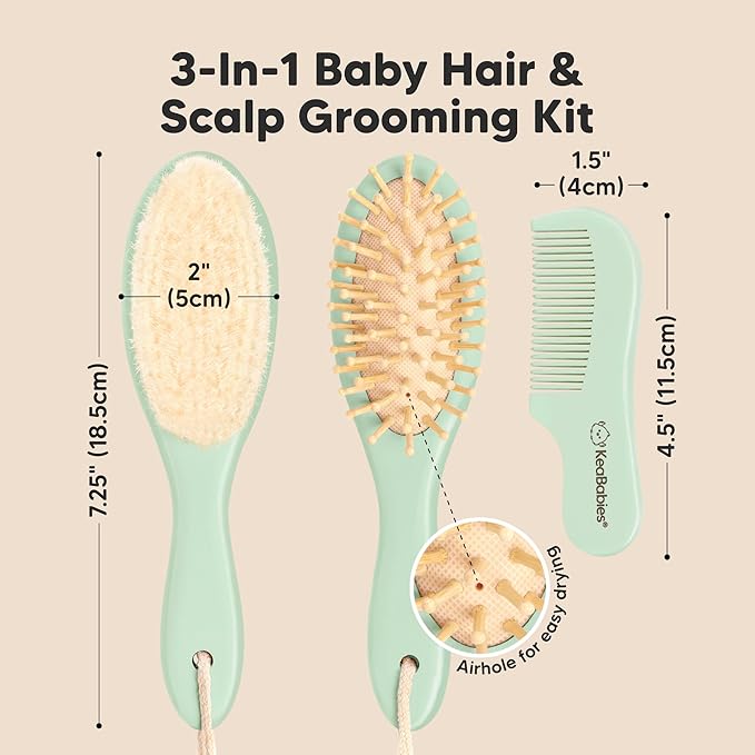 Baby Hair Brush and Comb Set for Newborn - Wooden Baby Hair Brush Set with Soft Goat Bristle, Baby Brush Set for Newborns, Baby Brush and Comb Set Girl, Boy, Toddler Cradle Cap Brush (Oval, Sage)