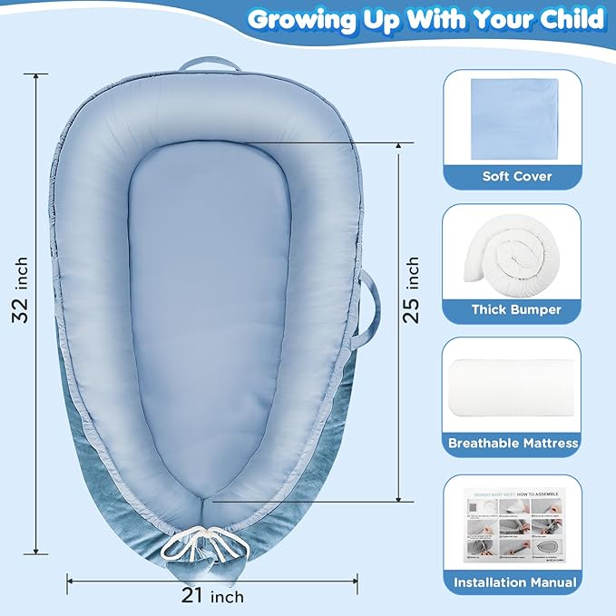 Baby Lounger - Baby Lounger for Newborn 0-24 Months, Breathable & Soft Cotton and Velvet Cover Baby Nest, Portable Tummy Time Lounger for Home and Travel, Ideal Baby Essentials & Shower Gifts