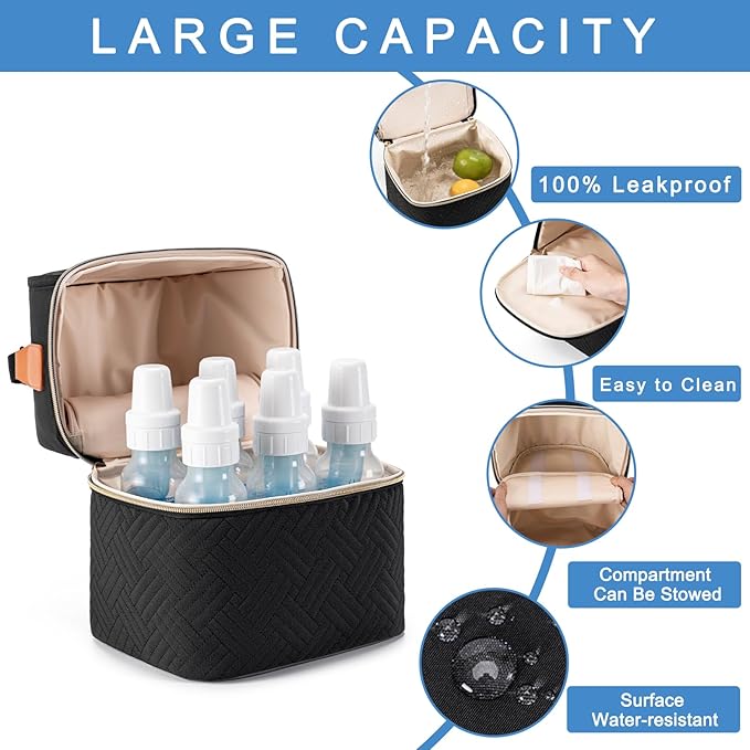 Breastmilk Cooler Bag with Ice Pack & Mat Fit 6 Bottles Up to 9 Ounce, Baby Bottle Cooler Bag for Moms, Daycare & Travel, Black