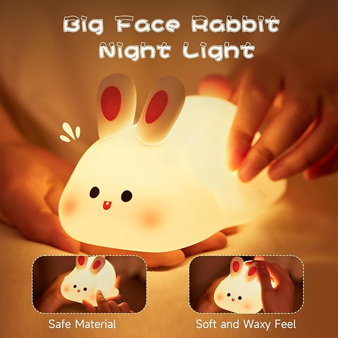 Big Face Rabbit Night Light, Adorable LED Bunny Night Lamp, Silicone Dimmable Nursery Nightlight for Girls, Silicone Rechargeable Bedside Touch Night Lights for Easter Decor