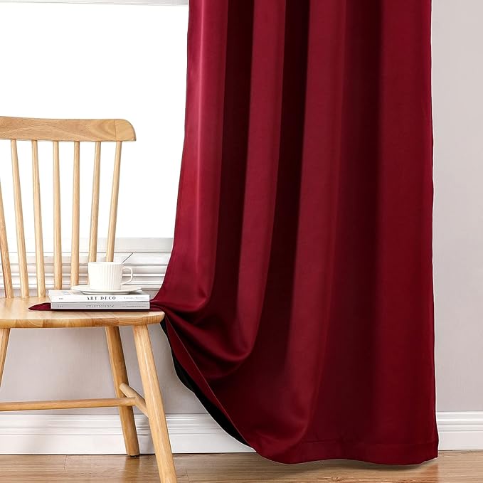 ChrisDowa 100% Blackout Curtains 90 inch Long for Bedroom with Black Liner, 2 Thick Layers Total Blackout Thermal Insulated Grommet Long Window Curtains 2 Panels Set (Burgundy, 52 x 90 Inch)