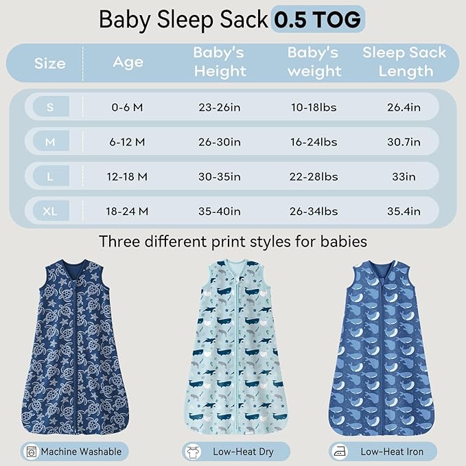 Baby Sleep Sack 18-24 Months 0.5 Tog Wearable Blanket Baby, 3 Pack 100% Cotton Lightweight Sleeping Sack with 2-Way Zipper for Infant Toddler Shark