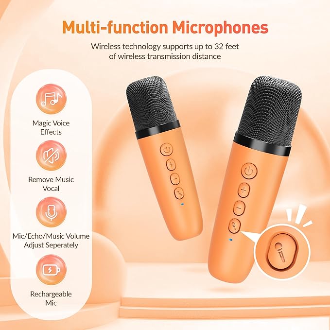 Karaoke Machine for Kids Adults: Mini Portable Karaoke Machine with 2 Wireless Microphones and Lights, Christmas Birthday Gifts for Girls Boys Family Home Party(Orange)
