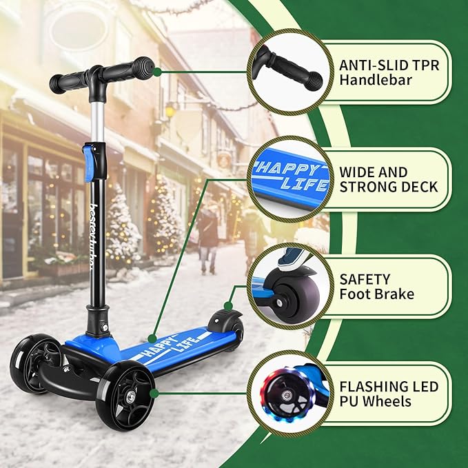 Besrey Kick Scooter for Kids Ages 3-10, 3-Wheel Folding Scooter with Adjustable Height, LED Light Wheels, Extra Wide Deck for Outdoor Activities