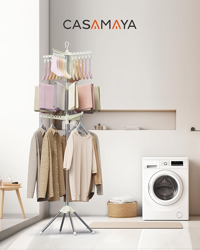 Clothes Drying Rack Foldable, 79.5 inch 3 Tier Laundry Drying Rack with Rotating Clothes Rail for 27 Pieces of Clothes and 24 Clips for Hanging Socks,Space Saving, White and Silver CDR003W01