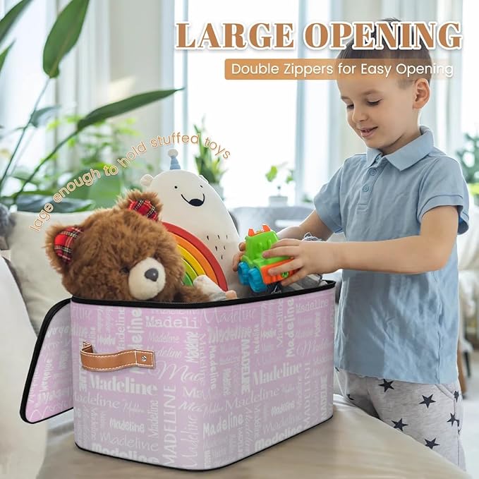 Custom Storage Basket with Name, Personalized Storage Bins with Zipper Lid, Foldable Fabric Storage Box Large capacity with Handle Grey Pink Gradient