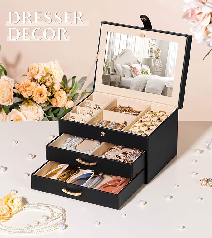 Black Jewelry Box Organizer: Home Decor for Women - 2-Drawer Holder for Valentine’s Day Birthday Christmas Black Gold