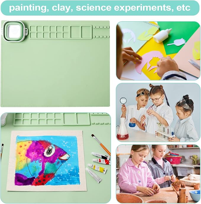 AWOKE Silicone Painting Mat for Table Protection - 20"X16" Washable Art Mat with 1 Water Cup for Kids - Craft Mat has 12 Color Dividers - 2 Paint Palettes (Green), Toddler Activities, Girl Boy Gifts