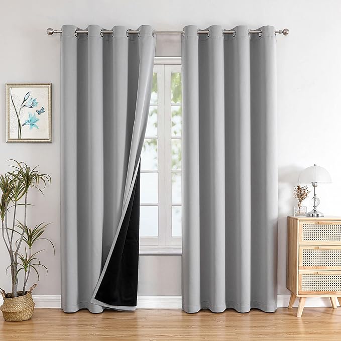 ChrisDowa 100% Blackout Curtains for Bedroom with Black Liner, 2 Thick Layers Total Blackout Thermal Insulated Grommet Window Curtains 84 Inch Long 2 Panels Set (Light Grey, 52 x 84 Inch)