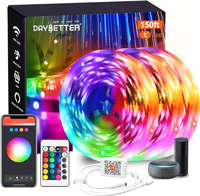 DAYBETTER Smart WiFi Led Lights for Bedroom 150 ft, Tuya App Controlled Led Strip Lights, Compatible with Alexa and Google Assistant, Color Changing Led Light Strip with Remote for Room Party Kitchen