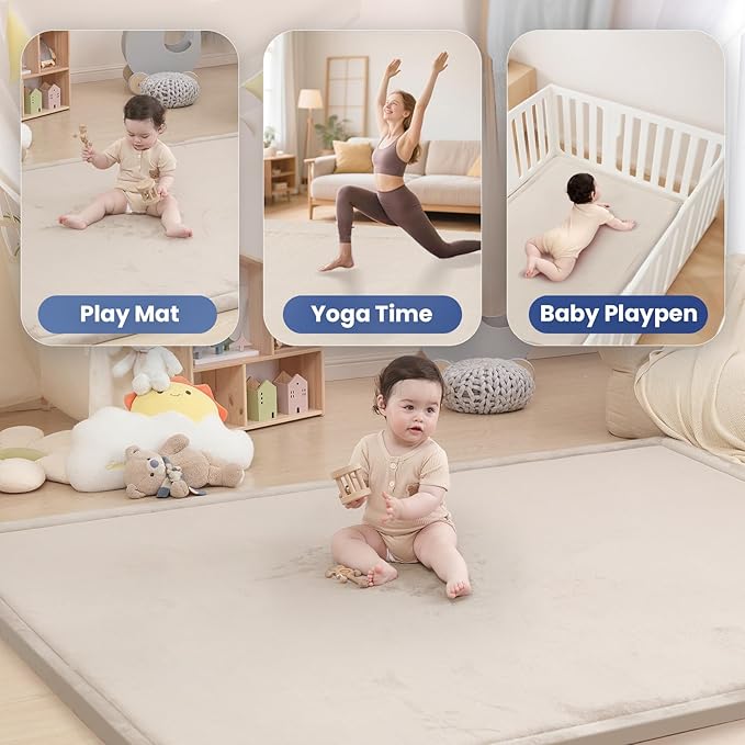 Baby Play Mat for Floor,1.3" Thick Memory foam Tummy Time Mat,Soft Coral Velvet Nursery Rug for Toddlers,Infants,kids,Extra Large Non Slip for Crawling,Yoga,Tatami Style for Living Room(Beige)