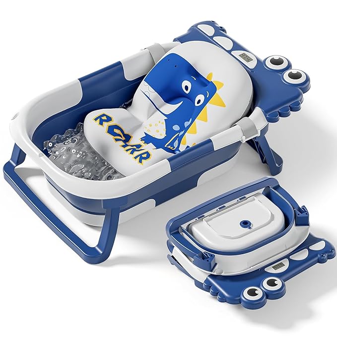 Collapsible Baby Bathtub for Newborn, Foldable Baby Bath Tub with Thermometer & Soft Floating Cushion & Drain Hole, Portable Travel Infant Bath Tubs for Newborns to Toddlers 0-36 Months Boy,NavyBlue