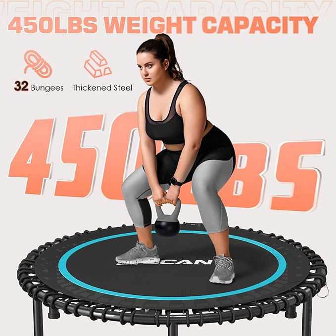 BCAN 40"/48" Mini Rebounder Trampoline for Adults with Bar, 450/550LBS Fitness Trampoline with Bungees, Adjustable Handle, Stable & Quiet, Indoor Outdoor, Whole-Body Workout & Relaxation at Home