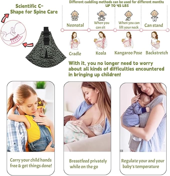Baby Sling Carrier Adjustable Baby Sling 2025 Upgraded Toddler Sling Comfortable Baby Wrap Carriers Ergonomic-Designed, Travel Friendly Carrying 10-45 Lbs(Green Leopard)