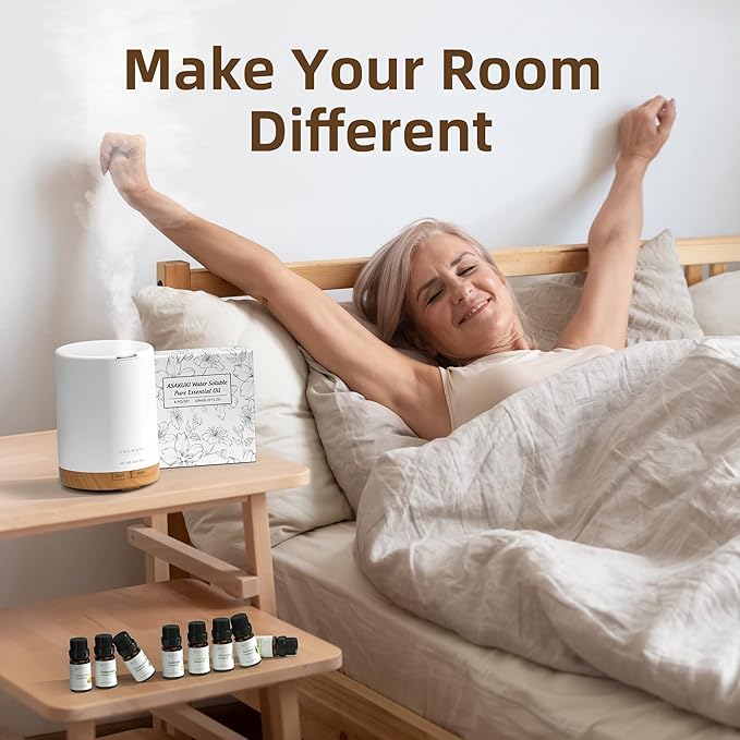 ASAKUKI Essential Oil Diffuser, Aromatherapy Cool Mist Home Humidifier with 7 LED Color Changing Light and Auto-Off Safety Switch, 8 Essential Oils Set, 300ml (Brown with Oils)