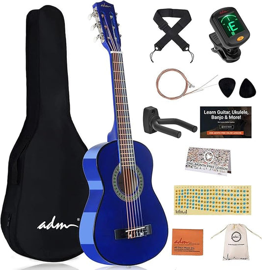 ADM Beginner Acoustic Classical Guitar 30 Inch Nylon Strings Wooden Guitar Bundle Kit for Kid Boy Girl Student Youth Guitarra Online Lessons with Gig Bag, Strap, Tuner, Extra Strings, Picks,Blue
