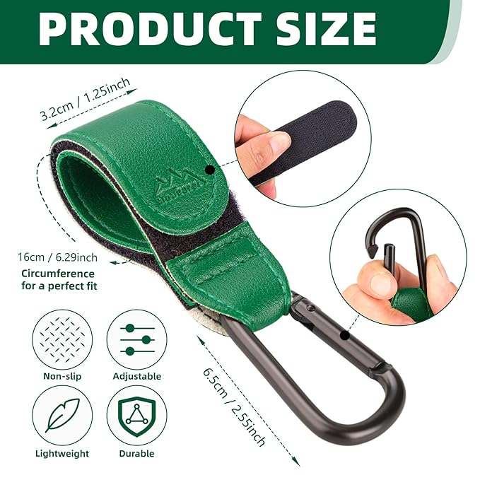Baby Stroller Hooks Bag Hooks for Hanging Diaper Bags Multipurpose Hooks for Grocery Shopping Bags Premium Vegan Leather Pram Straps 2 Pcs (Green)