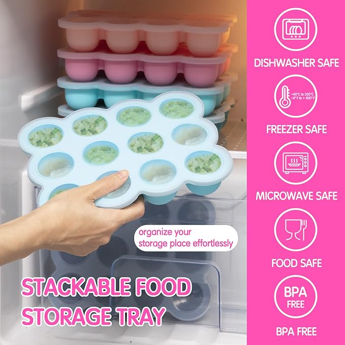 Baby Food Storage 12 x 1.5OZ Silicone Freezer Tray with Lid, Food Grade Silicone Containers for Purees & Vegetables Pink