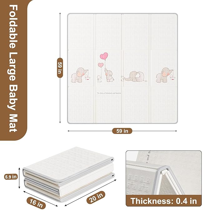 Baby Play Mat, 59x59 Inch Foldable Play Mats for Babies and Toddlers, Waterproof & Anti-Slip Reversible Portable Baby Floor Crawling Mat Foam Playmat for Tummy Time