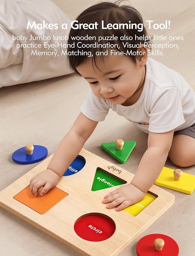 Boby Montessori Wooden Puzzle Board Knob Wooden Puzzle Geometric Shape Puzzle Early Education Material Sensorial Toy for Toddler Shape & Color Sorter (5 Geometry Shape)