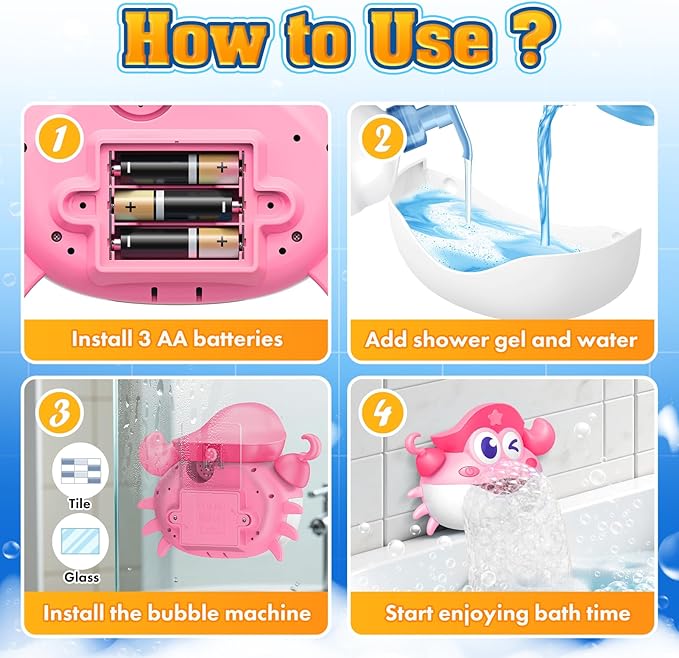 Baby Bath Toys,Light Up Crab Bubble Machine Blower with LED Lights,3 Cute Wind-Up Bath Toys for Kids Ages 1-3 4-8 Toddler Bathub Toy Great Birthday Gifts for Kids