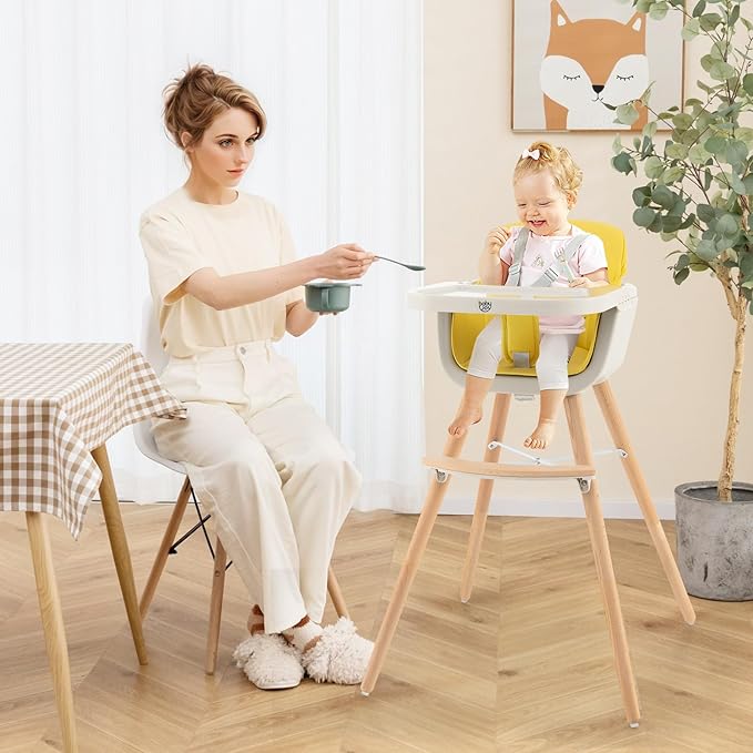 BABY JOY Convertible Baby High Chair, 3 in 1 Wooden Highchair/Booster/Chair with Removable Tray, Adjustable Legs, 5-Point Harness, PU Cushion and Footrest for Baby, Infants, Toddlers (Yellow)
