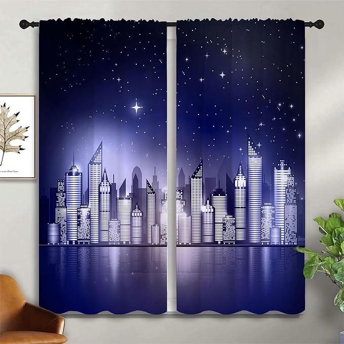 City Rod Pocket Blackout Curtains for Boy Girl Bedroom, New York Skyline Modern City Starry Sky Night View Thermal Insulated Home Window Drapes for Living Room Darkening, 42x45 inch