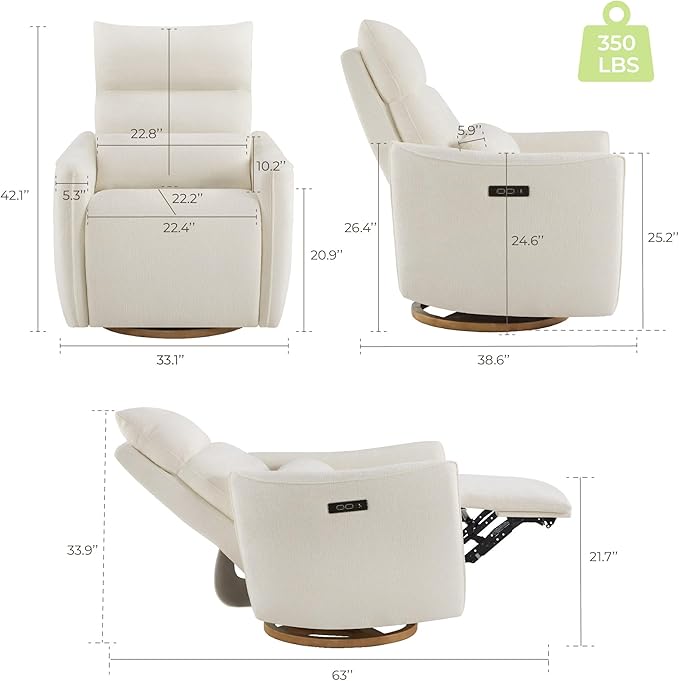 CHITA Swivel Rocker Recliner Chair, Power Nursery Glider Recliner, Nursery Rocking Chair with Adjustable Power Headrest, FSC Certified, Solid Wood Base, Cream