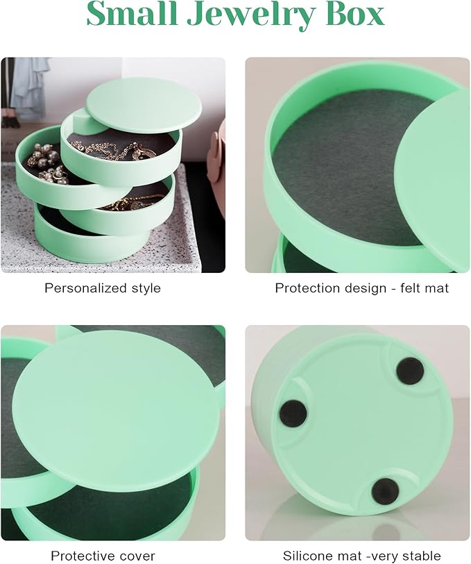 CONBOLA Jewelry Organizer, Small Jewelry Storage Box Earring Holder for Women, 4-Layer Rotating Travel Jewelry Tray Case with Lid for Bracelets Rings Bracelets