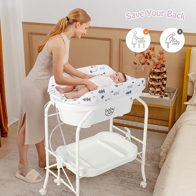 BABY JOY Baby Bathtub with Changing Table, Foldable Infant Diaper Changing Station with Storage Tray, Waterproof Pad, Portable Newborn Nursery Organizer Bath Stand with 4 Universal Wheels (White)