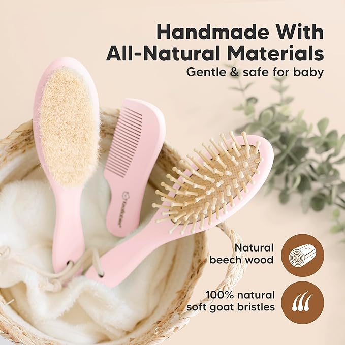 Baby Hair Brush and Comb Set for Newborn - Wooden Baby Hair Brush Set with Soft Goat Bristle, Baby Brush Set for Newborns, Baby Brush and Comb Set Girl, Boy, Toddler Cradle Cap Brush (Oval, Blush)