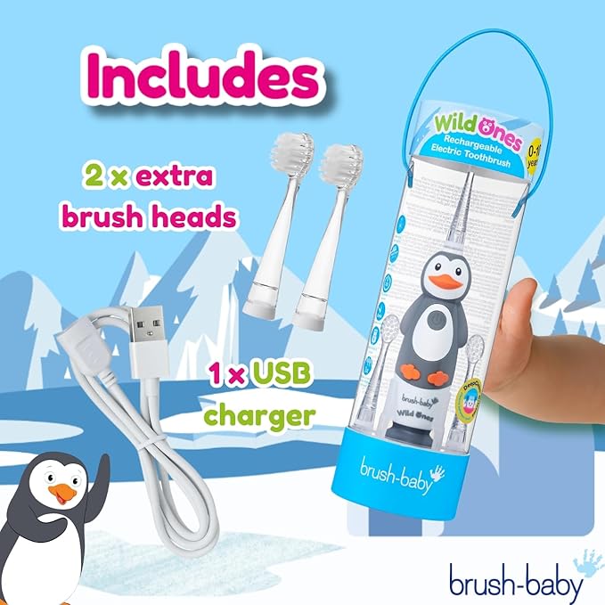 brush-baby WildOnes Kids Electric Rechargeable Toothbrush Penguin, 1 Handle, 3 Brush Heads, USB Charging Cable, for Ages 0-10 (Penguin)