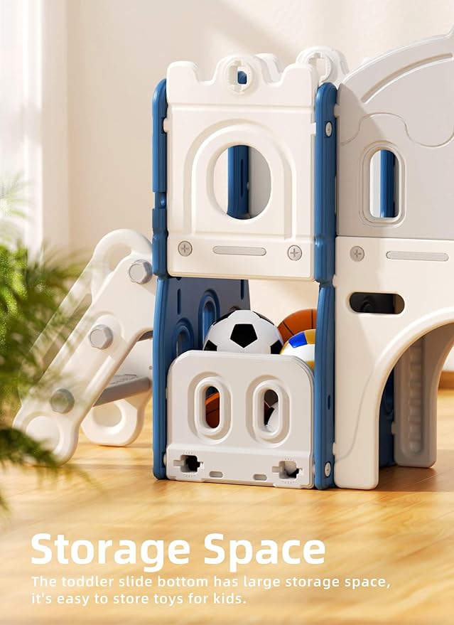 8 in 1 Toddler Slide and Climber Playset Indoor Outdoor Kids Slide with Basketball Hoop,Telescope, Storage Space, Freestanding Backyard Playground for Toddler Age 1-3, Blue