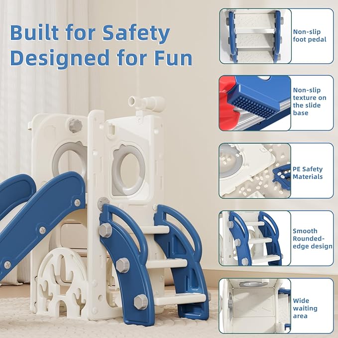 67i Toddler Slide for Kids - Foldable Indoor/Outdoor Plastic Slide with Basketball Hoop, Anti-Slip Steps, Safe & Durable Playground Equipment for 1-3 Years (Red Blue)