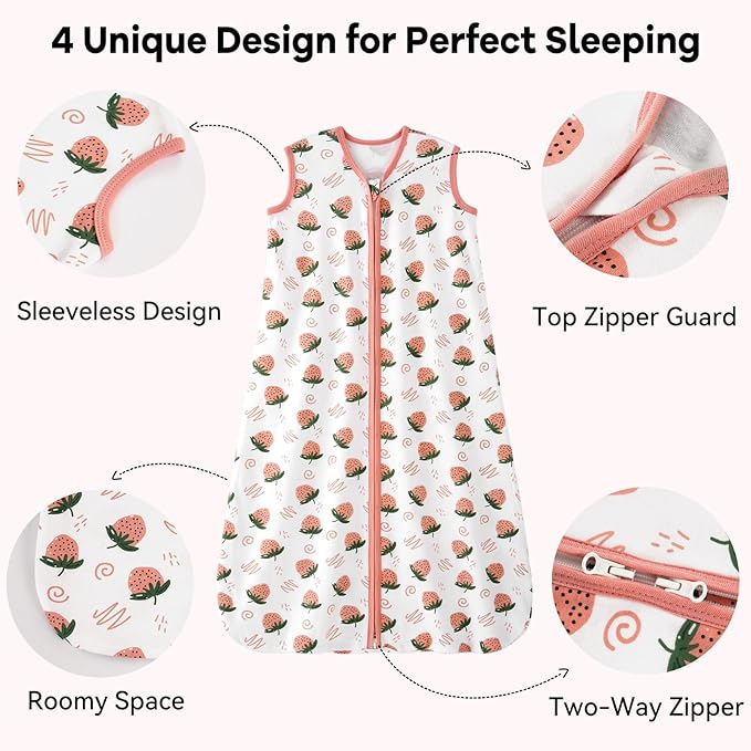 Baby Sleep Sack 12-18 Months 0.5 Tog Wearable Blanket Baby, 3 Pack 100% Cotton Lightweight Sleeping Sack with 2-Way Zipper for Infant Toddler Strawberry