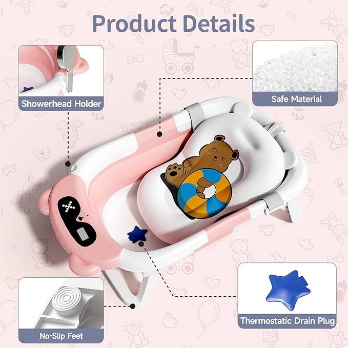 Collapsible Baby Bathtub for Newborn to Toddler (0-18 Month) - Portable Baby Bath Tub for Travel, Newborn Bathtub with Soft Towel and Floating Cushion (Pink)